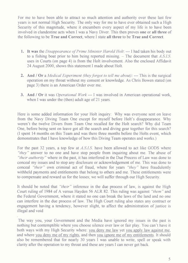 Letter to Australian Prime Minister John Howard concerning denial of Civil and Human Rights - 15/09/2003 - page 5